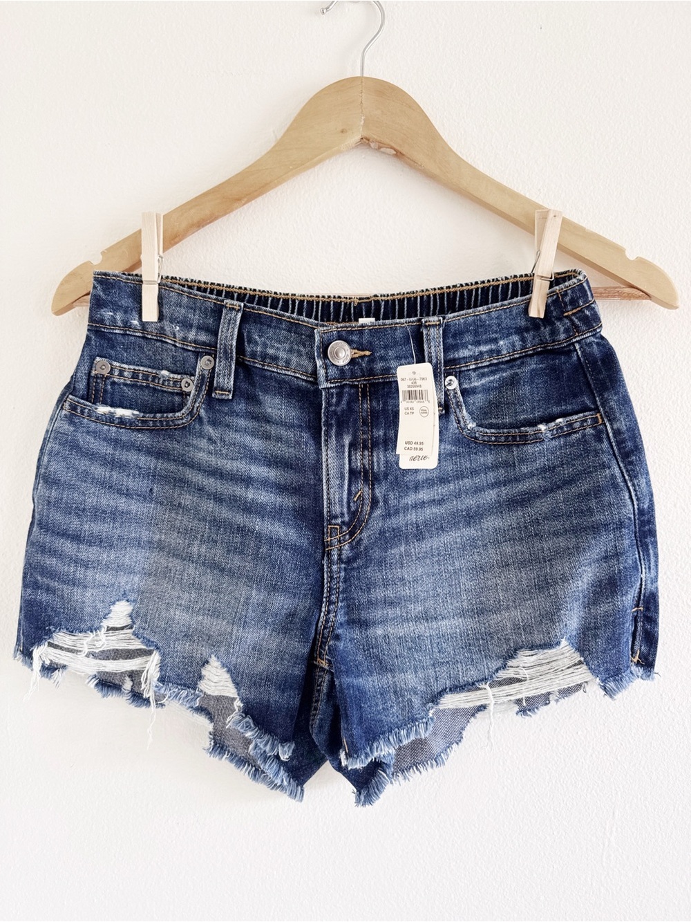 aerie Ripped Mid-Rise Blue Denim Shorts xs NWT